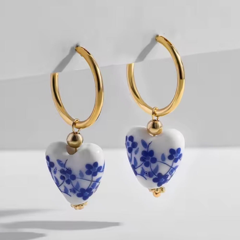 Ethnic Blue Porcelain Heart Stainless Steel Pearl Earrings